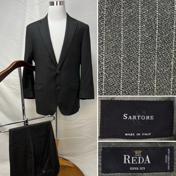 Sartore Reda Super 110s Men's EU 54 (US 44R) Fleece Wool Charcoal Pinstripe Suit